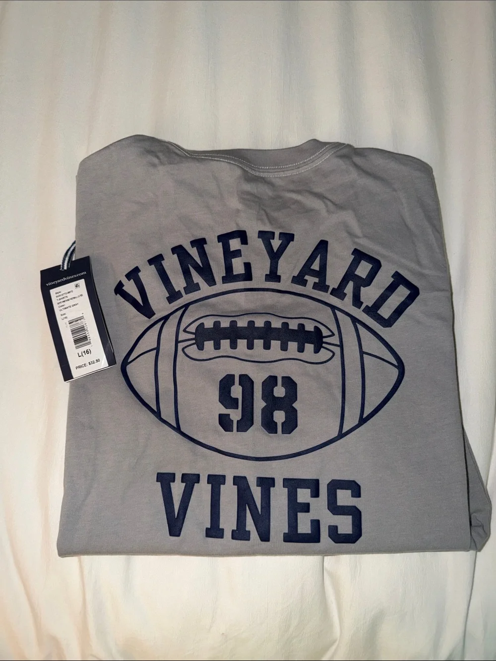 Vineyard Vines Gray Long Sleeve Tee with Navy Football Graphic